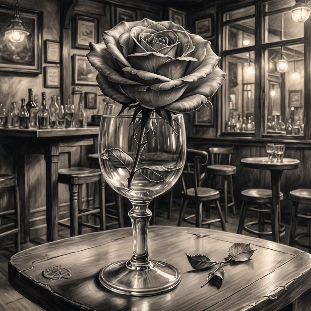 Rose Glass in Old Pub: Charcoal Drawing