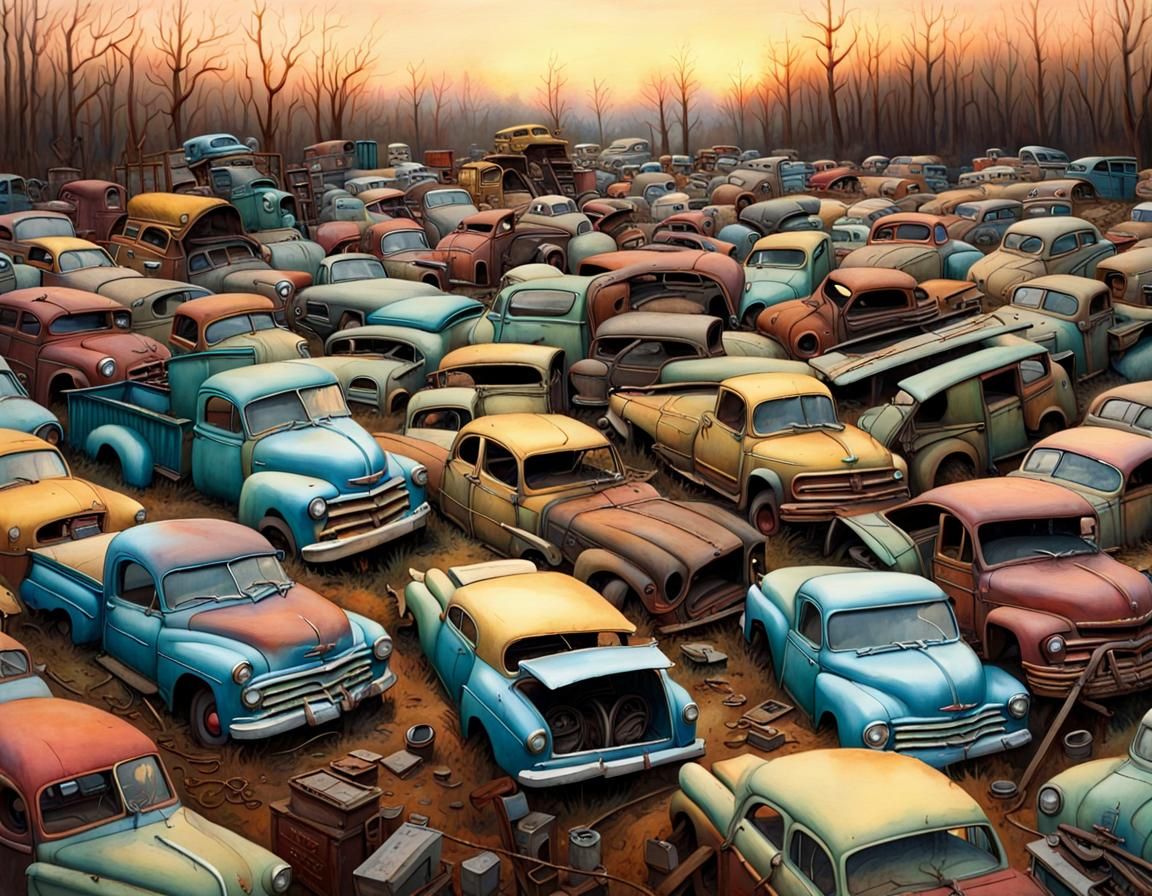 Antique Car Junkyard: Surreal Post-Apocalyptic Watercolor