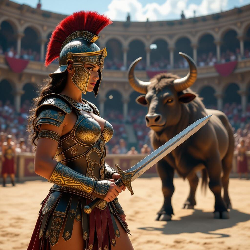 Gladiator vs. Minotaur in Roman Coliseum