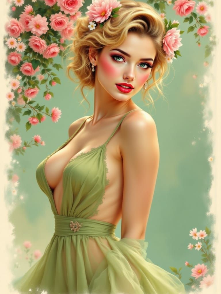Spring Pin-Up Girl in Vargas Style