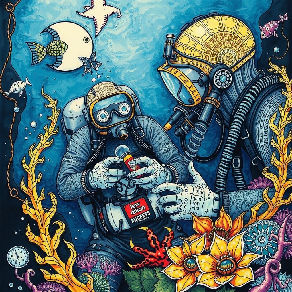 Deep Sea Divers in Zentangle Alcohol Ink Style