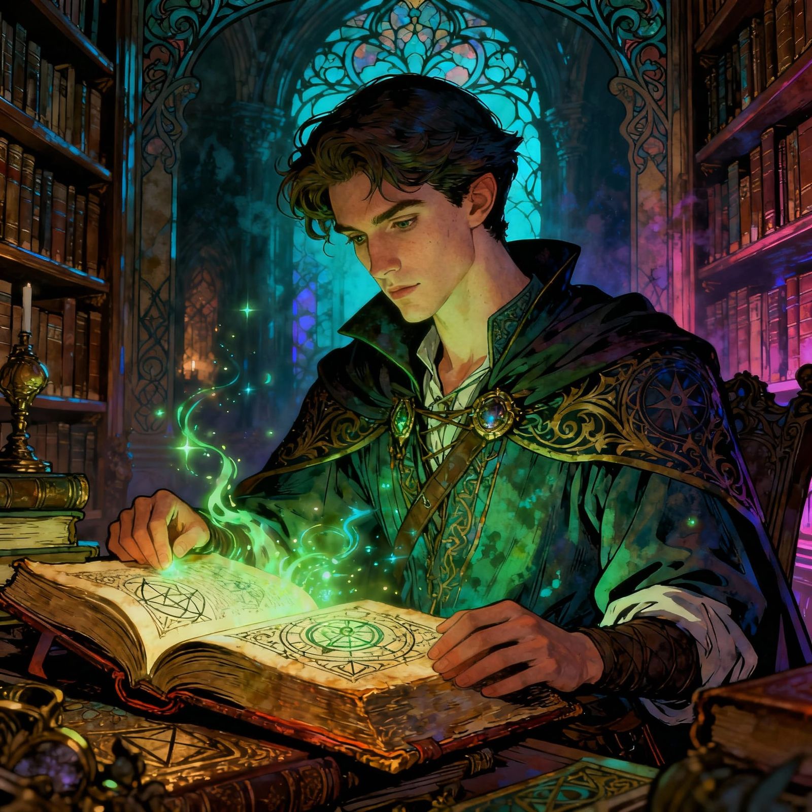 Sorcerer Apprentice Studying Magic Books in Library