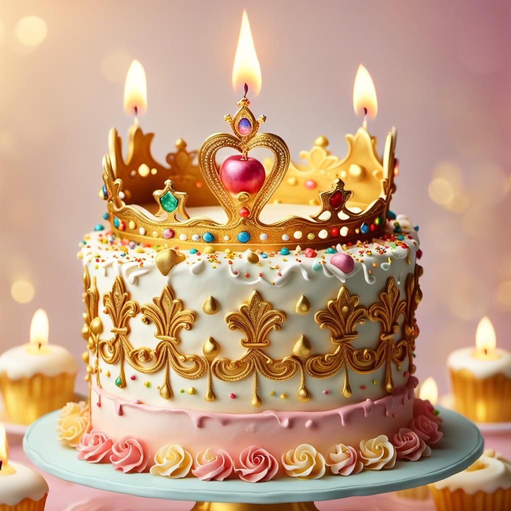 Little Queen on Birthday Cake: Realistic Digital Art