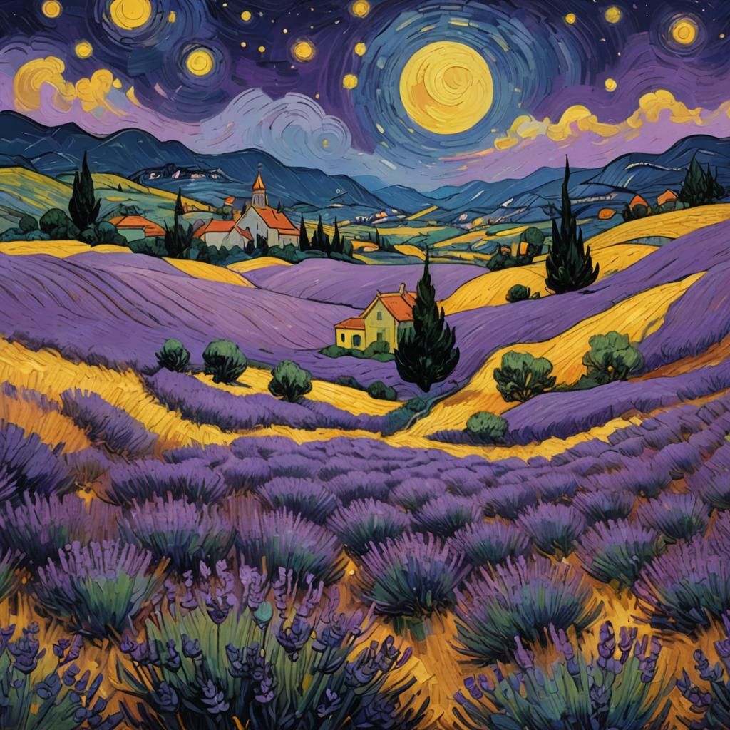 Lavender fields at full moon starry night, by Van Gogh, Calm...