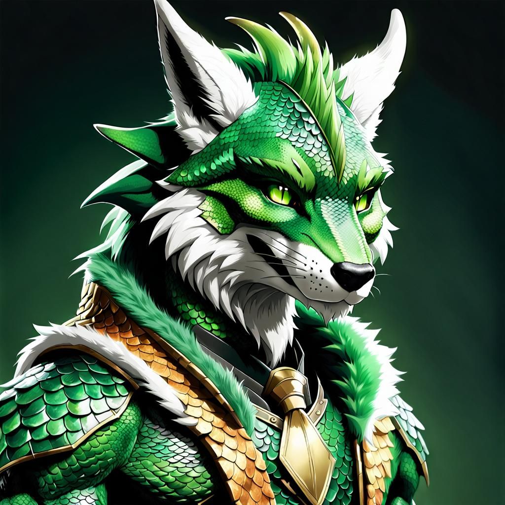 Detailed Anime-Style Dragon-Fox Anthro on Dark Background