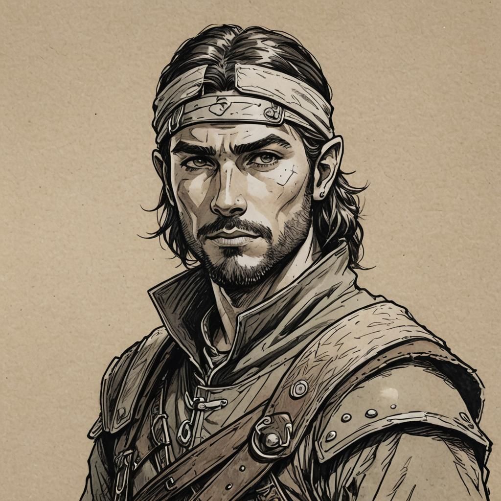 D&D Human Ranger Portrait in Pen and Ink