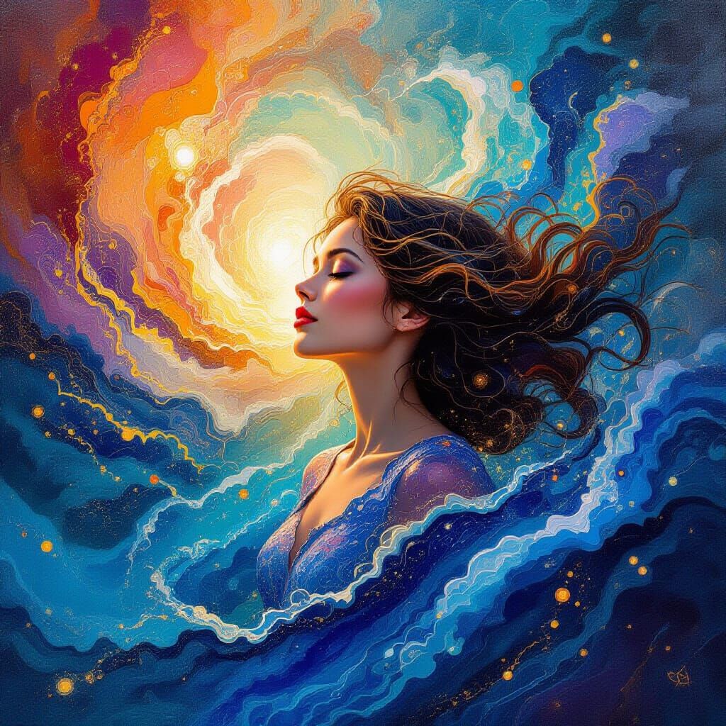 Cosmic Woman Surrounded by Galaxies of Light