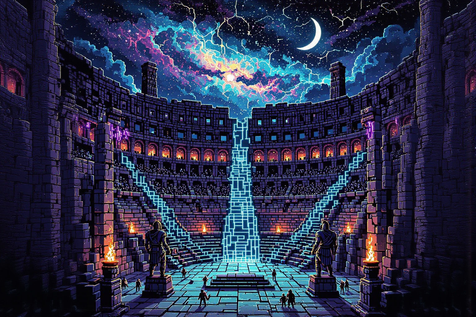 16-Bit Pixel Art Colosseum Under Cosmic Night Sky
