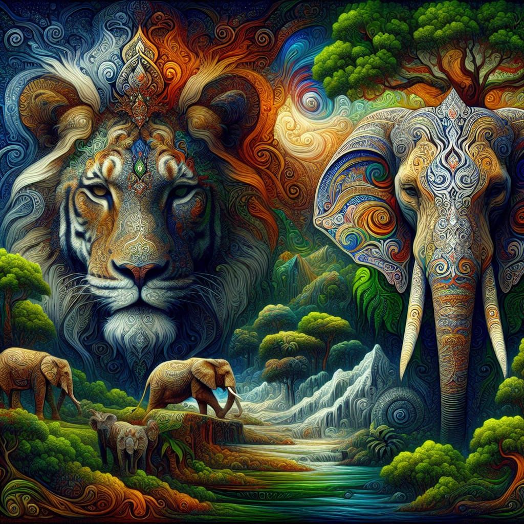 Majestic Lioness Surrounded by Sacred Jungle Majesty in Vibr...