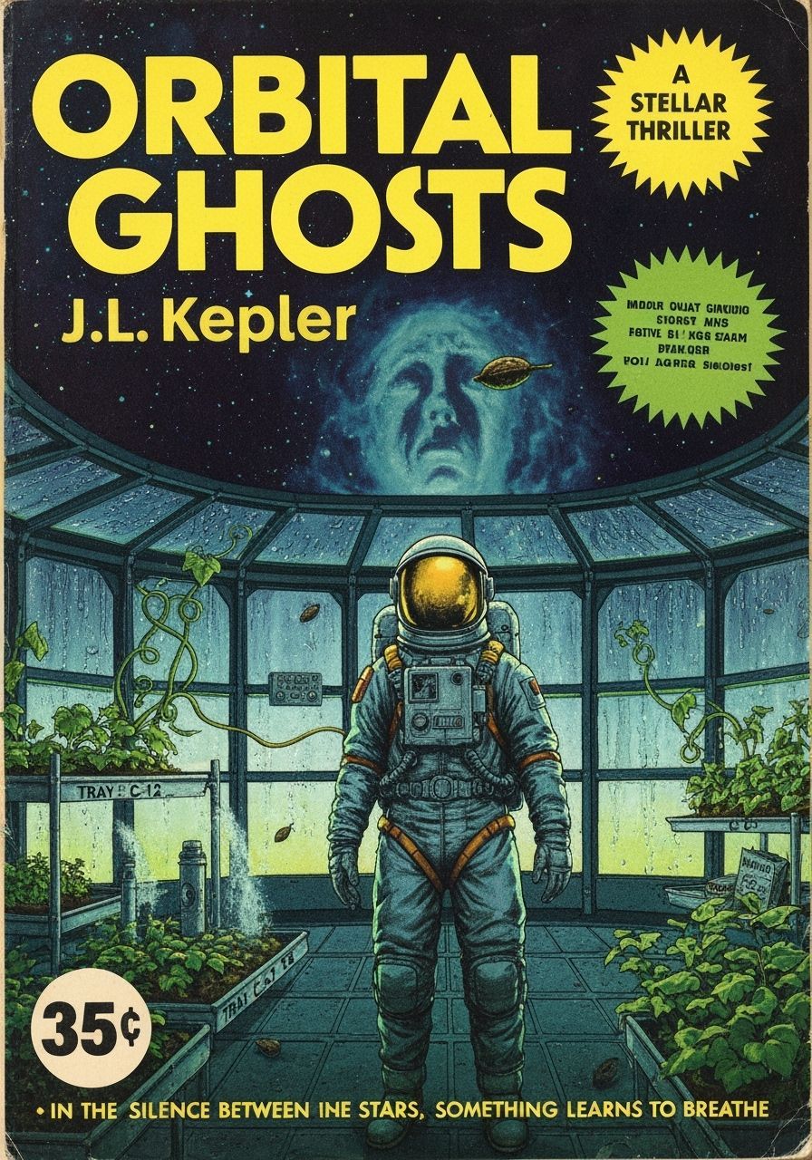 Retro Sci-Fi Astronaut in Orbital Greenhouse