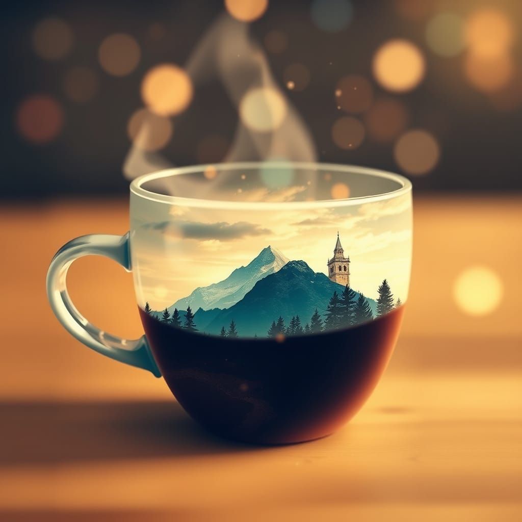 Whimsical Coffee Cup Landscape in Vibrant HDR