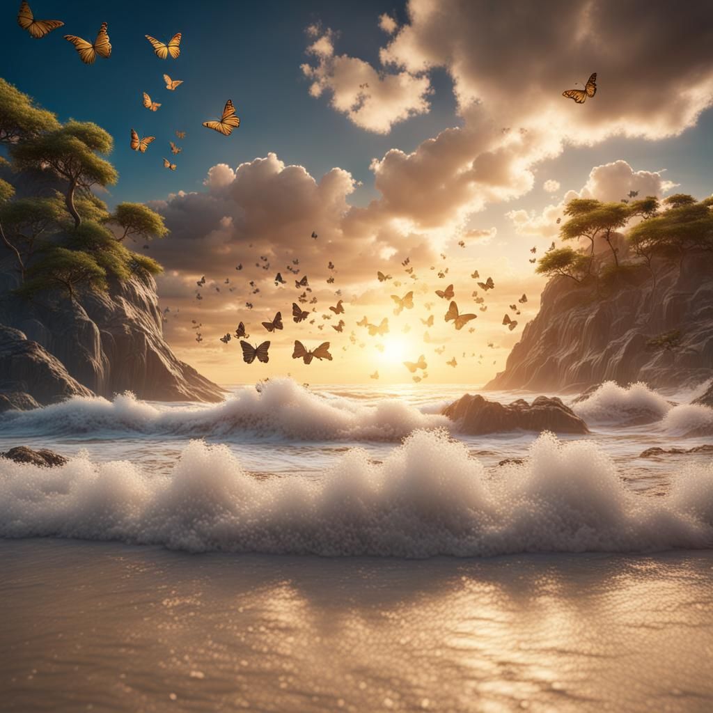 Beach with Butterflies: Detailed Matte Painting