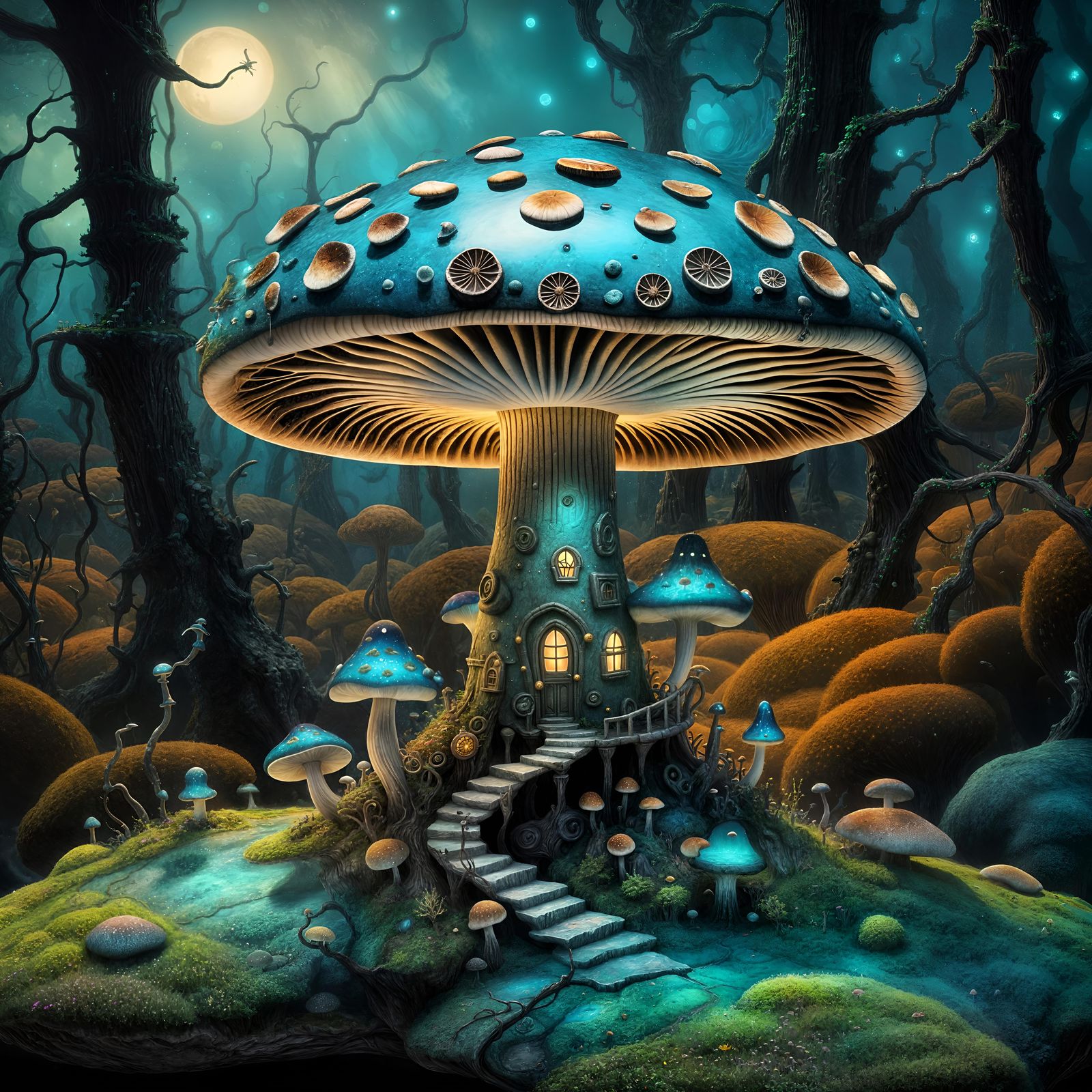 Steampunk Mushroom in Dreamlike Rainforest