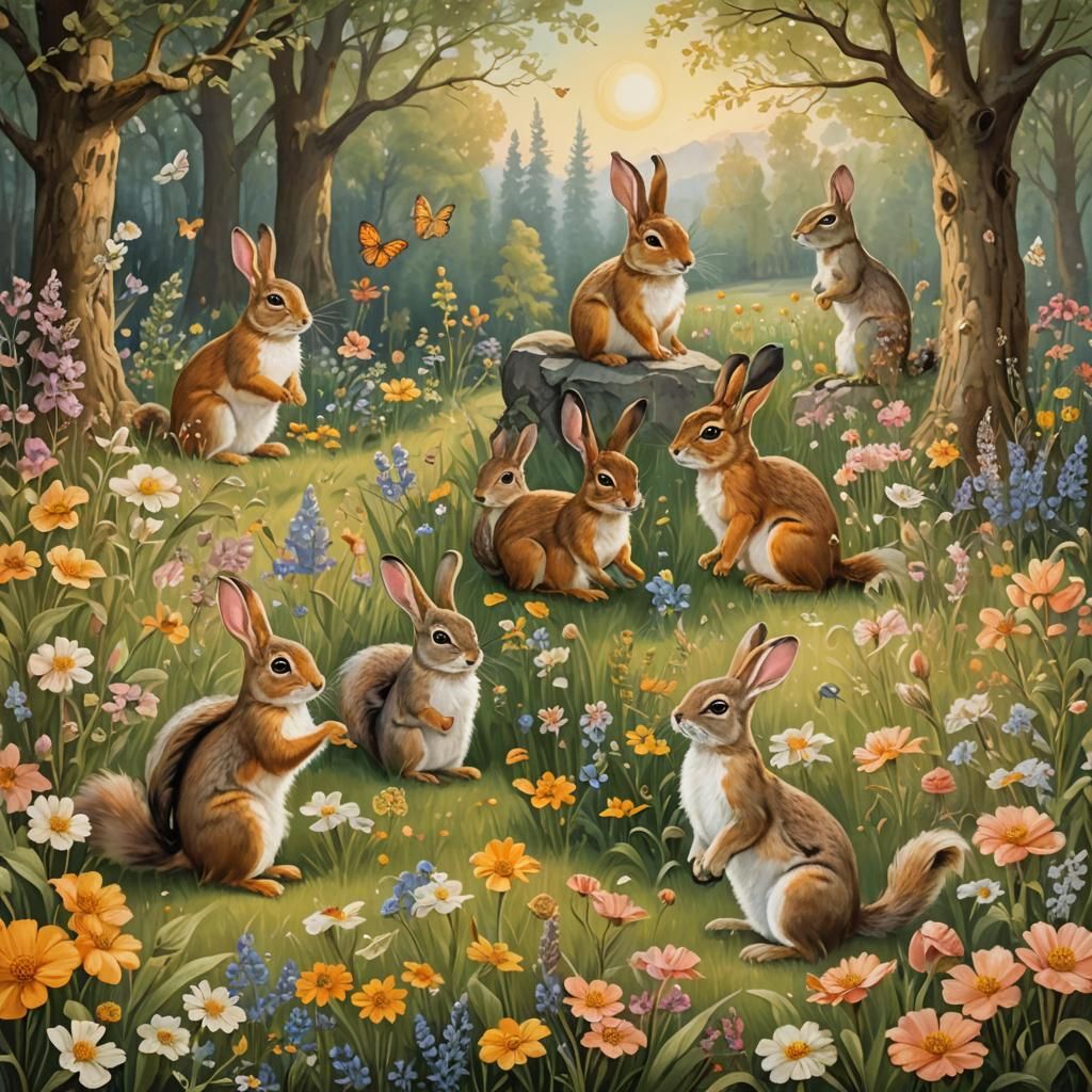 Baroque Wildlife Art: Rabbits and Squirrels in Meadow