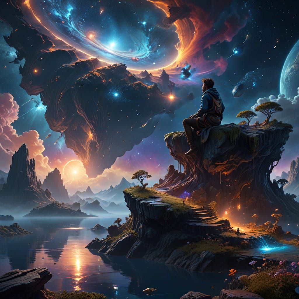 Scholar Contemplating Universe on Floating Island