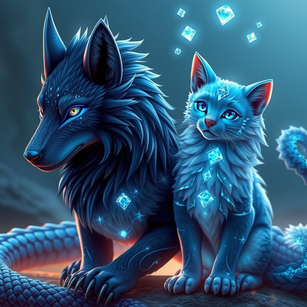 Regal Dragon Cat and Majestic Dragon Wolf in Luxurious Fur