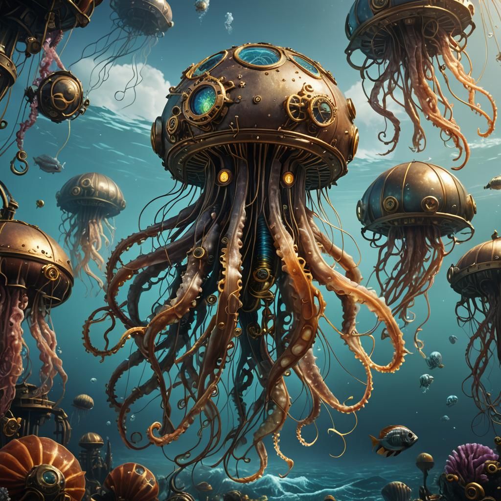 Steampunk Jellyfish in Ocean with Fish, Detailed Painting