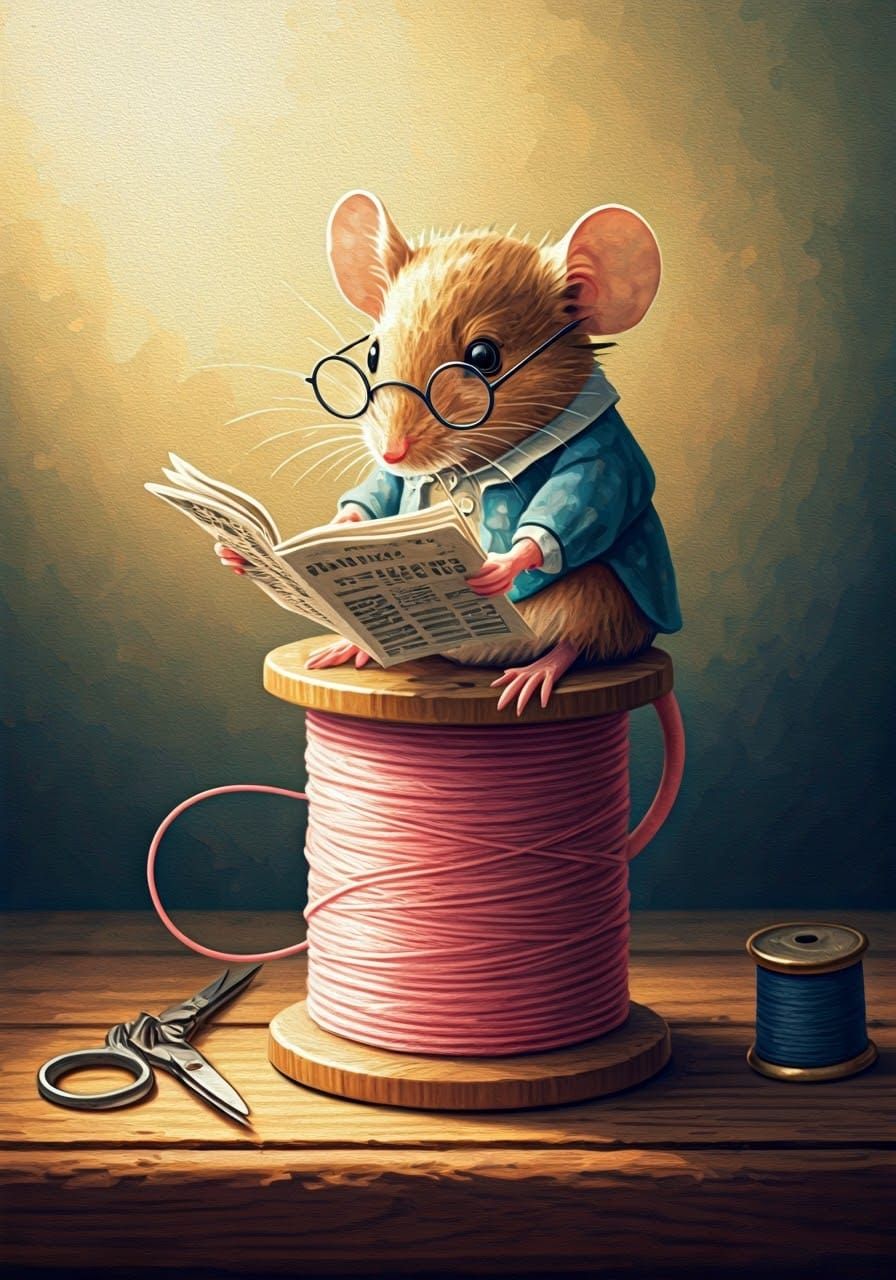 Mouse in Spectacles Reads Newspaper in Whimsical Gouache Wat...