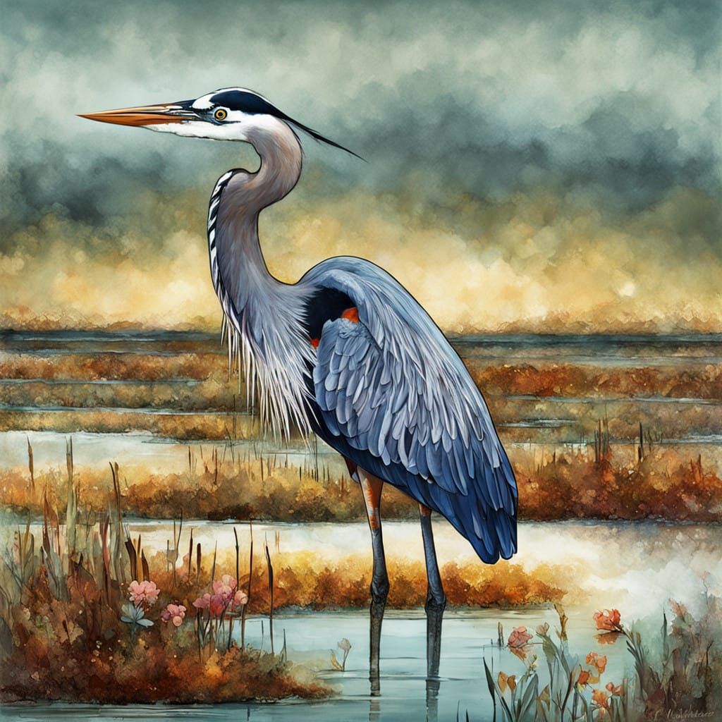 Ethereal Great Blue Heron in Vibrant Salt Marsh