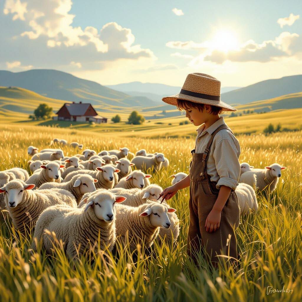 Boy Tending Sheep in Sun-Drenched Meadow