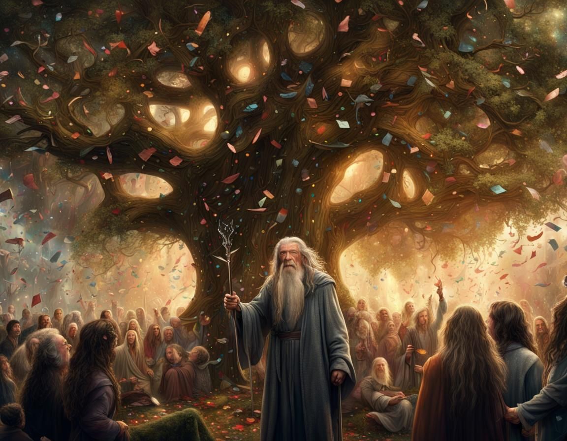 Gandalf Celebrates with Hobbits Under Confetti Tree