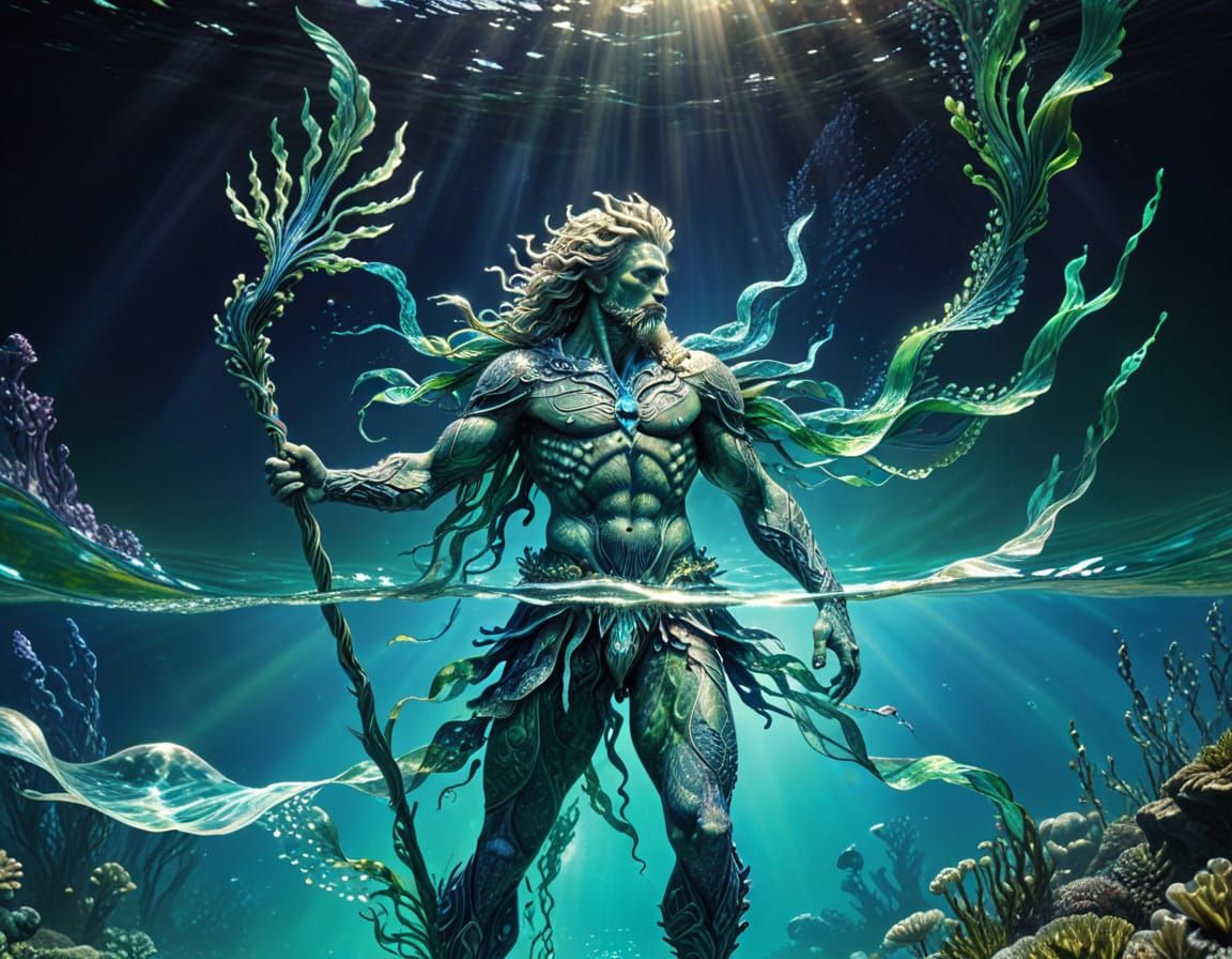 Underwater realms, stunning handsome powerful Neptune, (with human legs:1.3), wearing nacar armor; zentangle seaweeds; a...