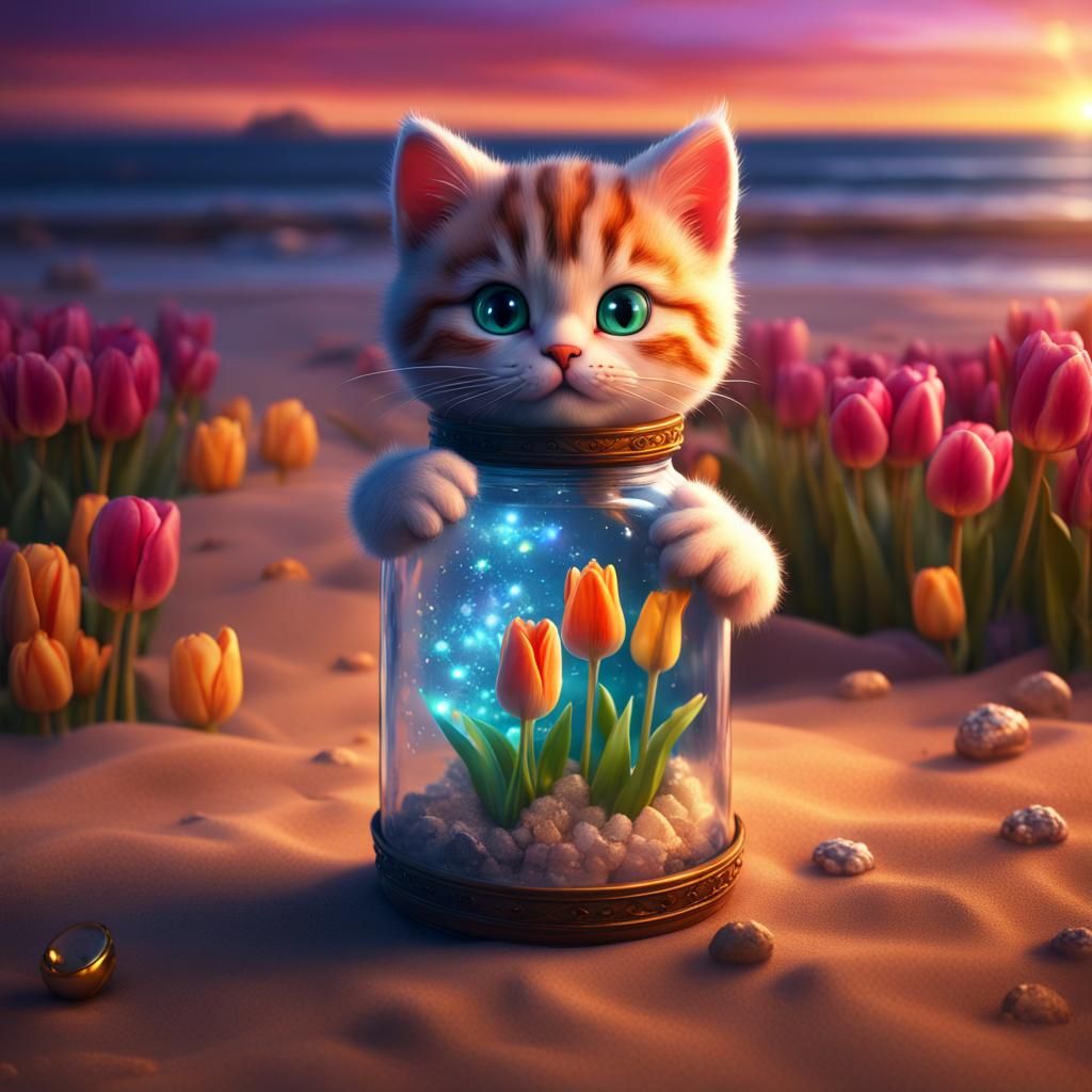 Sparkling Cat with Scroll on Sunset Beach