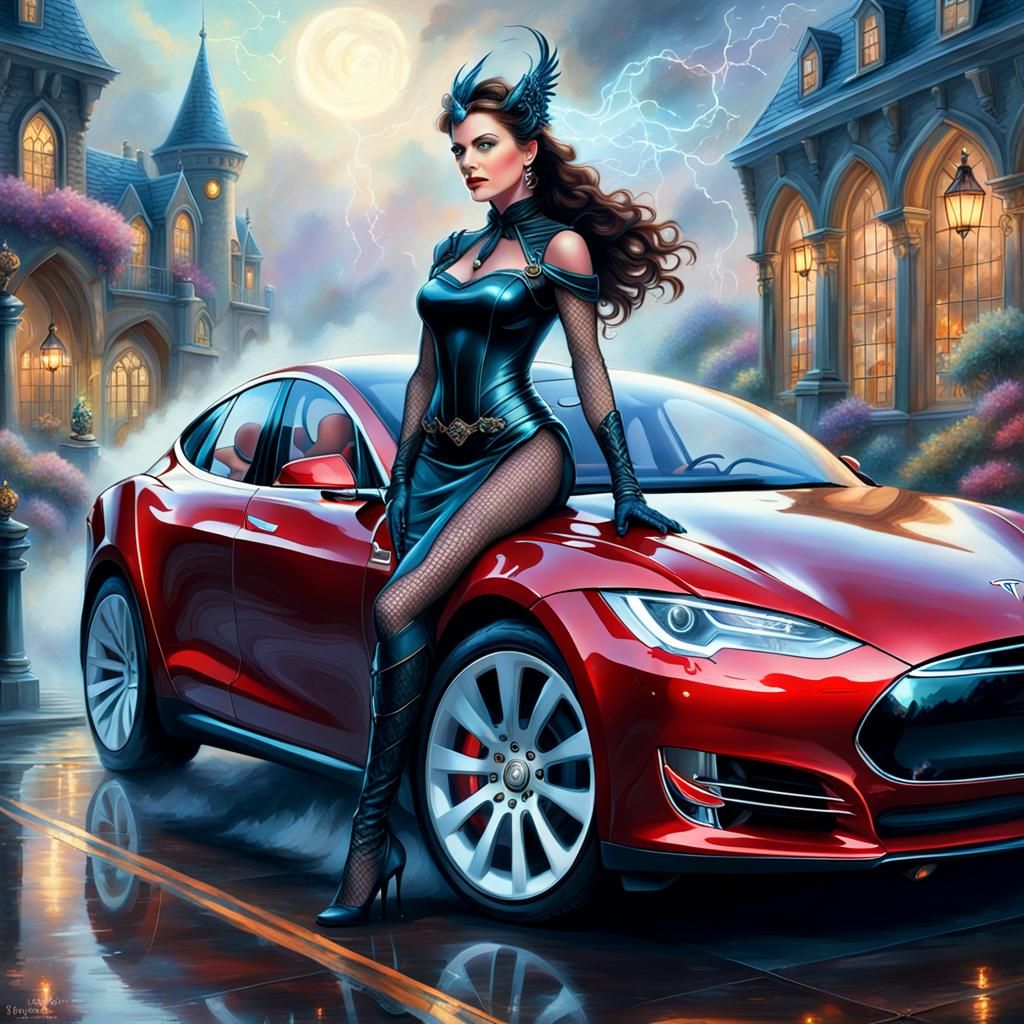 Ethereal Mistress on Tesla Car, Hyperdetailed Fantasy Art