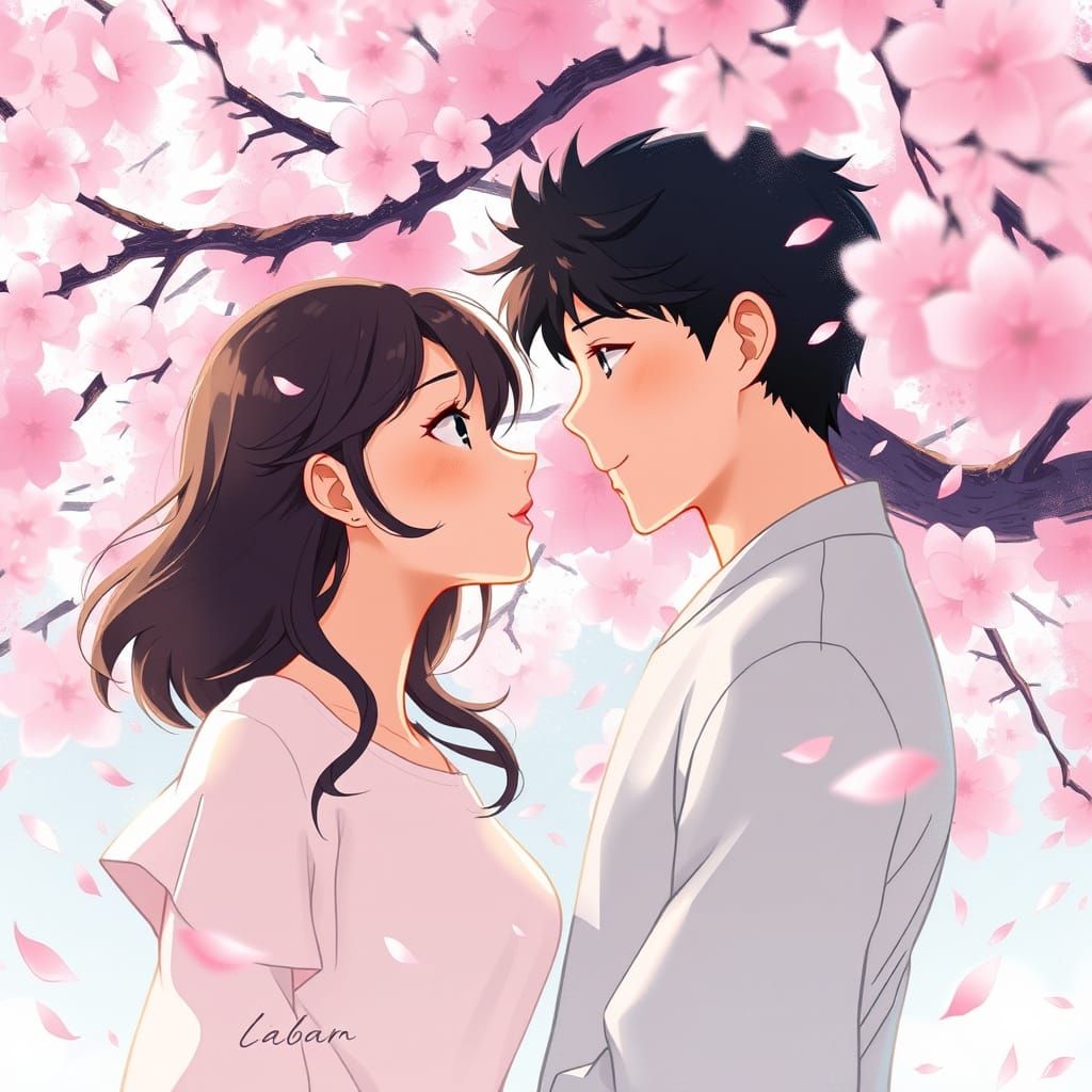 Romantic Cherry Blossom Moment in Whimsical Style