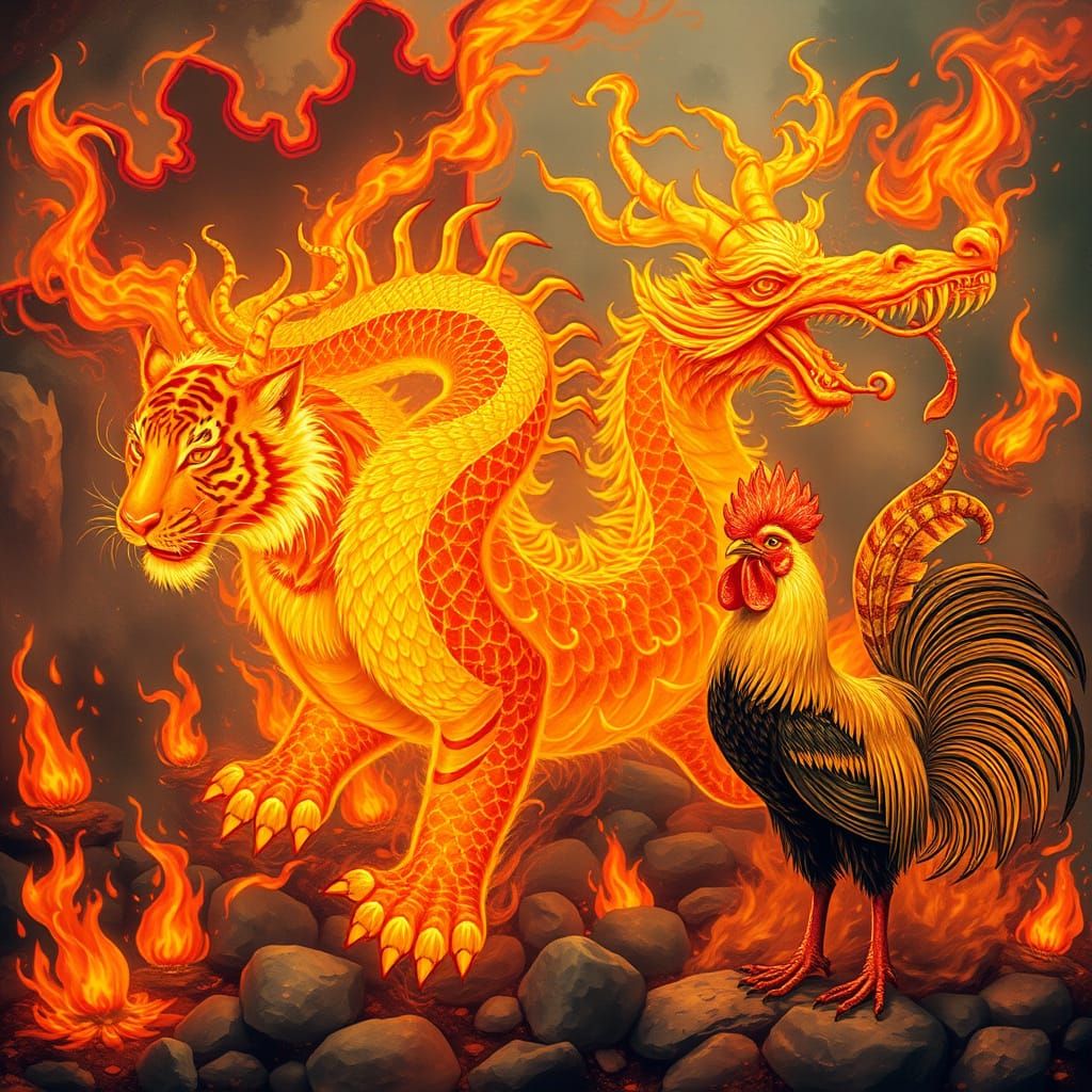 Fiery Mythical Beasts in Fantasy Realm