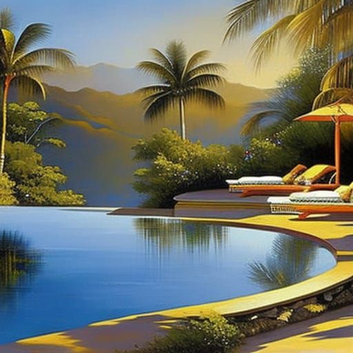 Tropical Resort Pool Scene as Oil Painting