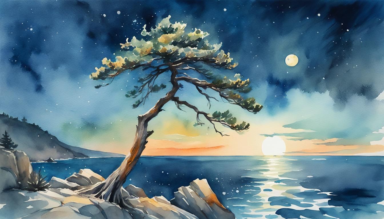 Moonlit Pine on Rocky Coast: Watercolor Impressionism
