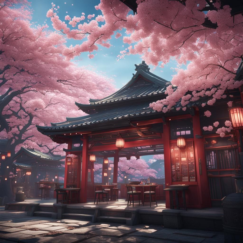 Japanese Cafe with Cherry Blossoms: Digital Art