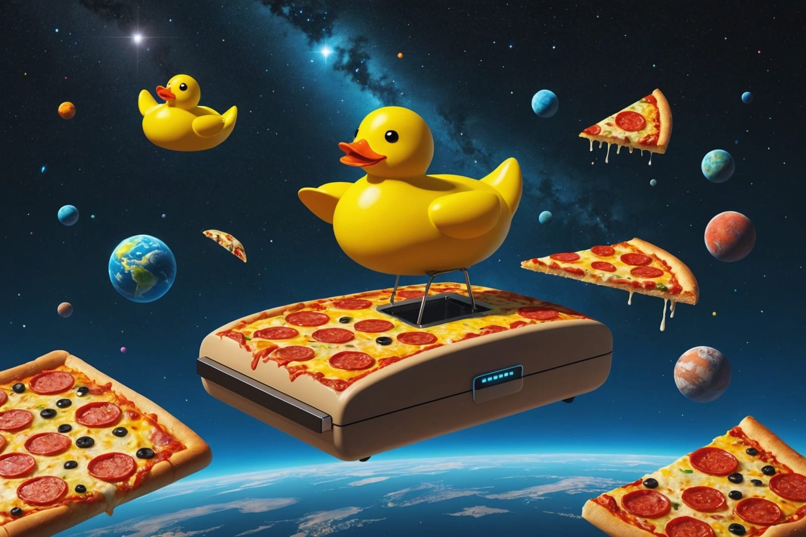 Surreal Cosmic Still Life with Toaster and Duck