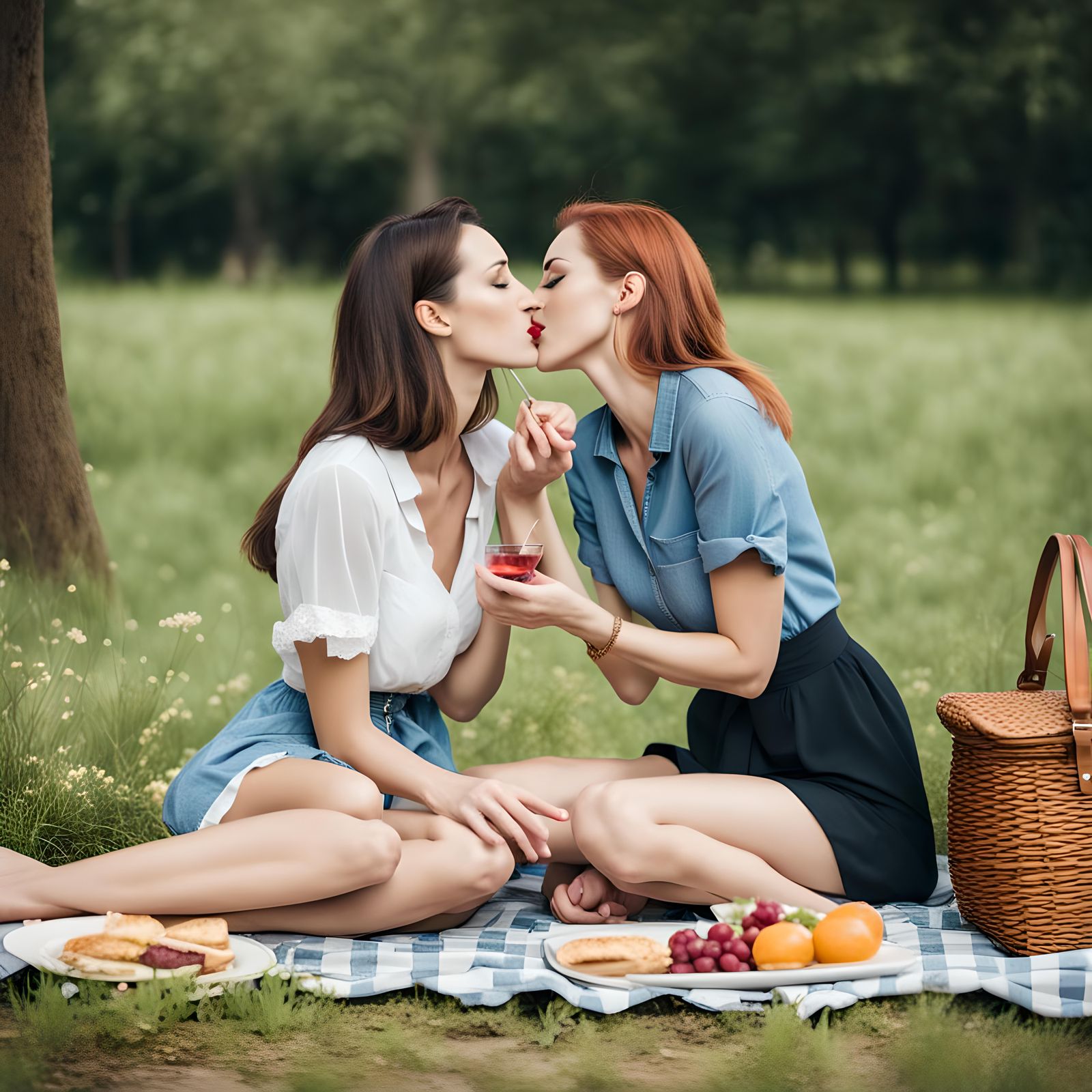 Women Share a Kiss on Picnic Date