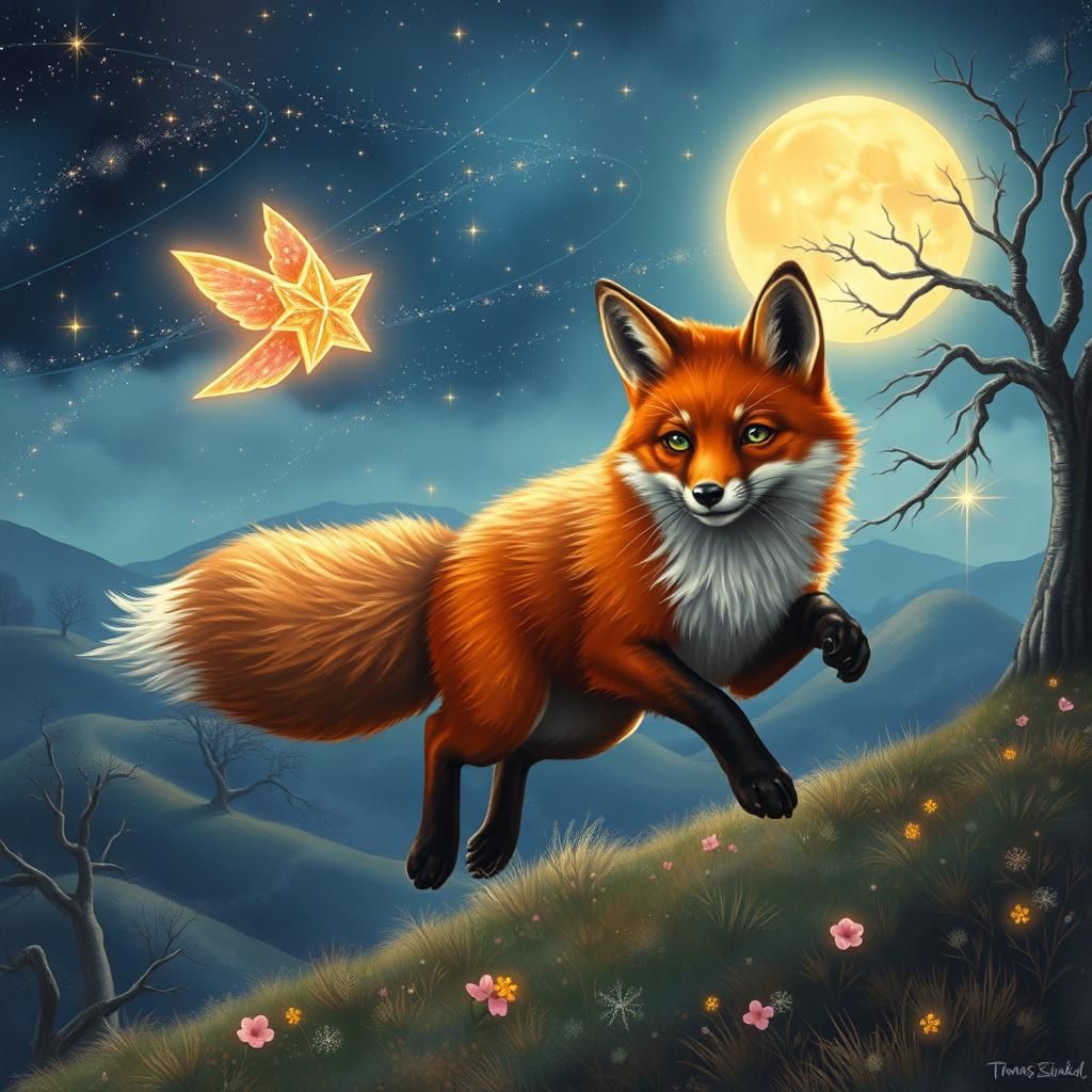 Red Fox Chasing Star in Ethereal Night, Kinkade Style