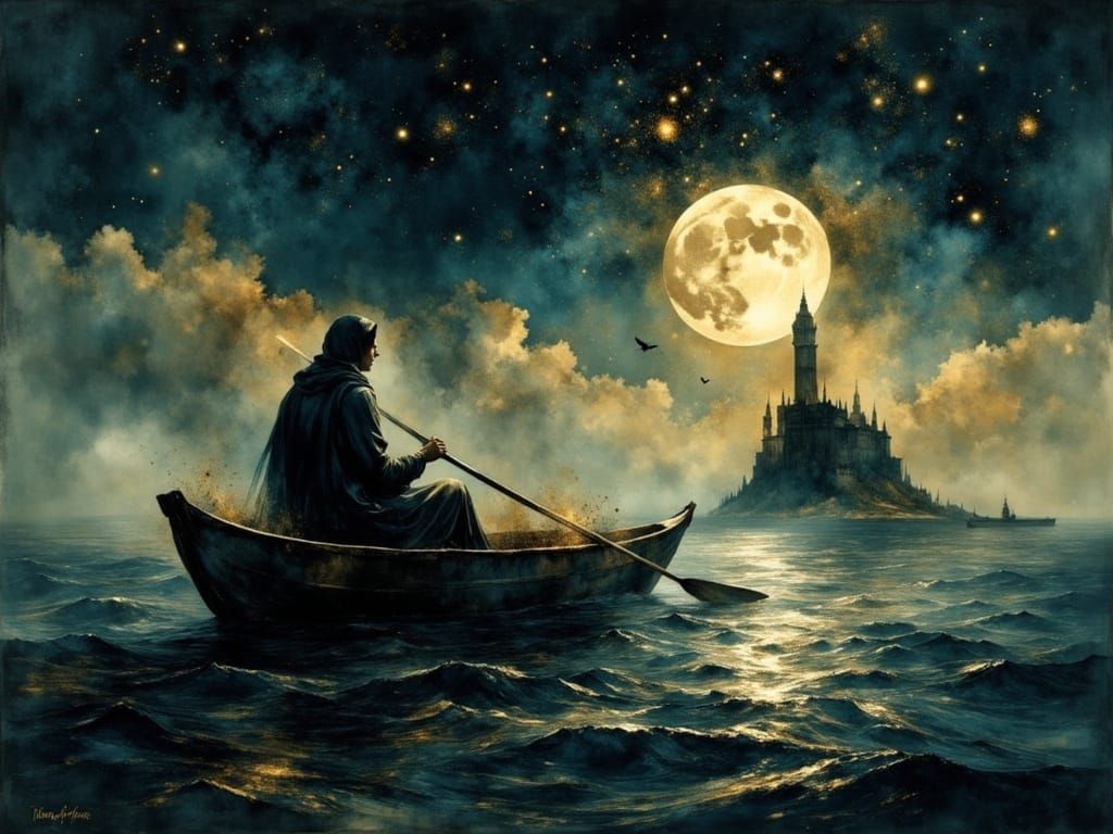 Ethereal Skiff to Distant Island: Watercolor Art