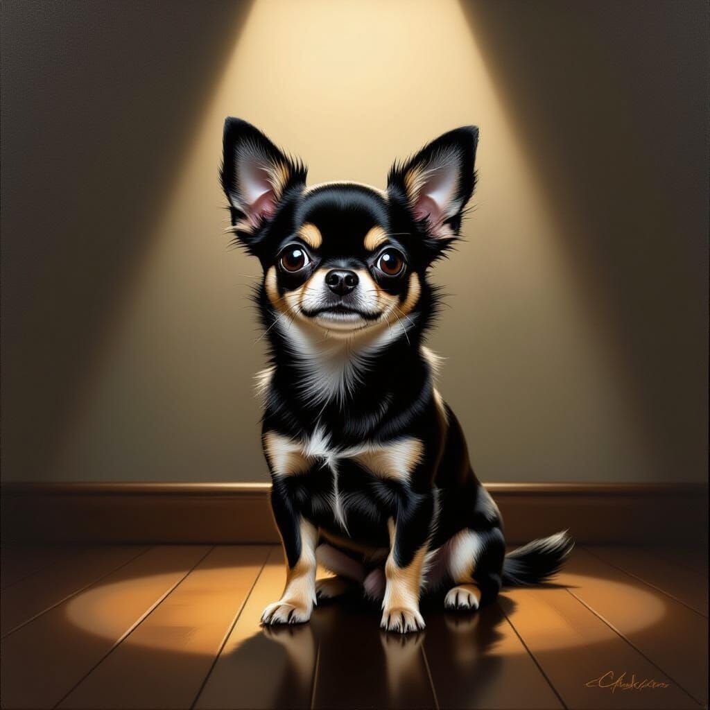 Realistic Black Chihuahua Portrait in Dramatic Lighting