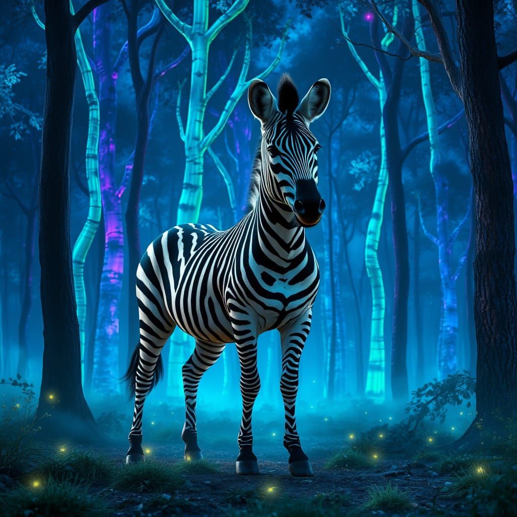 Enchanted Zebra in Bioluminescent African Forest