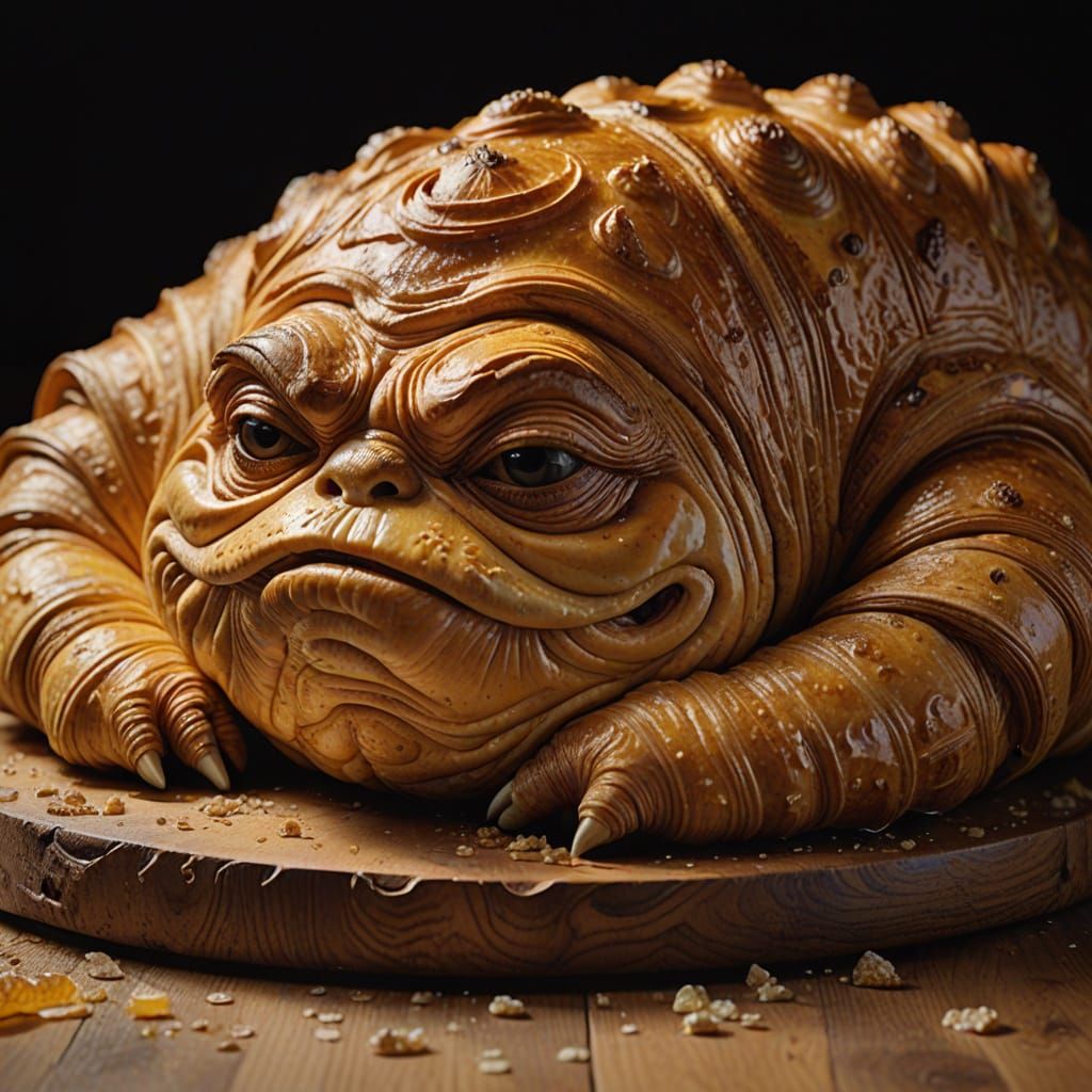 A gigantic croissant shaped like Jabba the Hutt, wearing a delicate glaze, with flaky layers and doughy arms outstretche...
