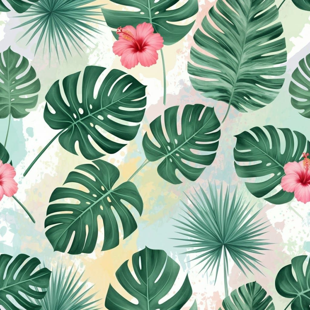 Tropical Leaf Pattern with Hibiscus Flowers