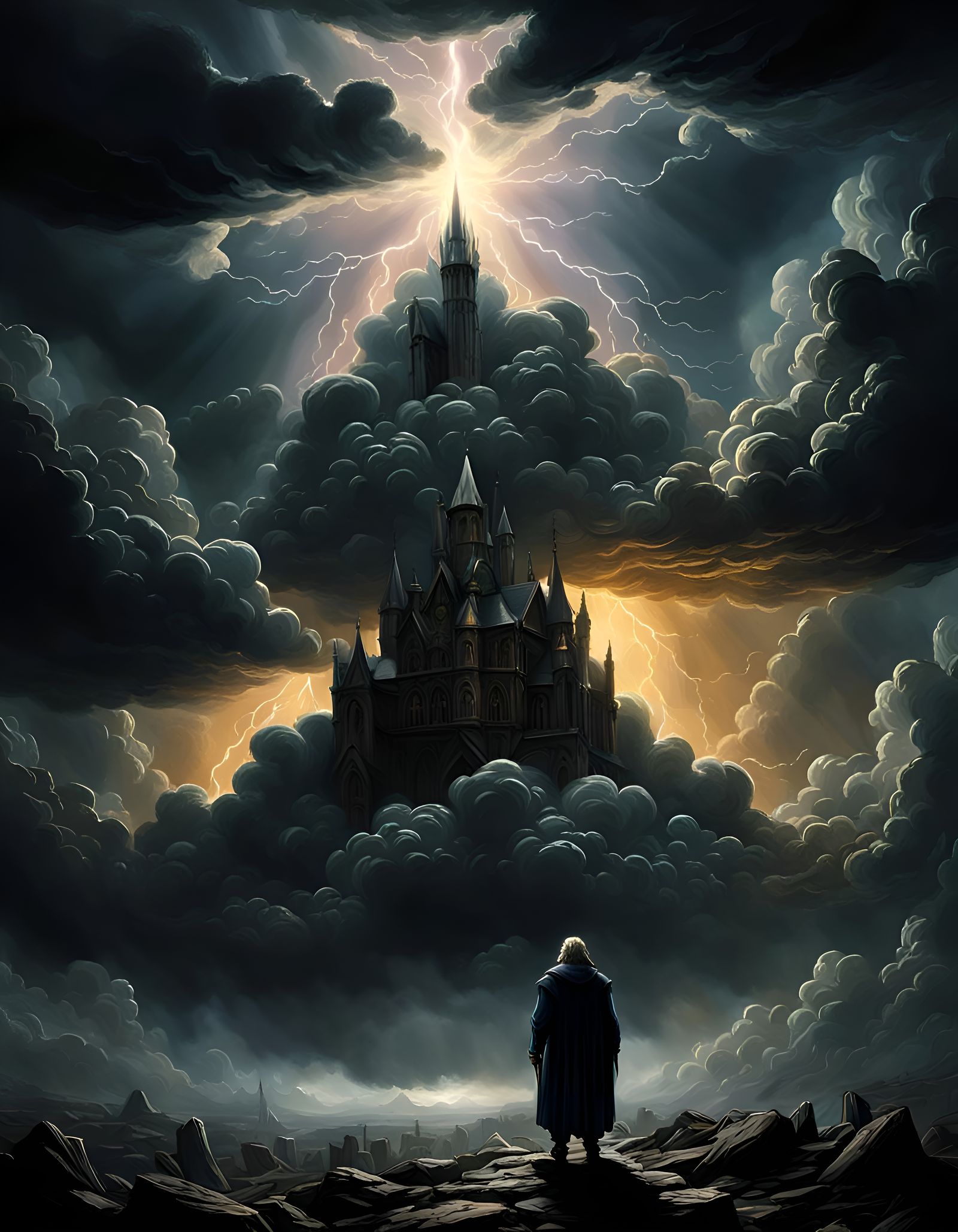 Mysterious Figures in Cloudy Lightning Sky