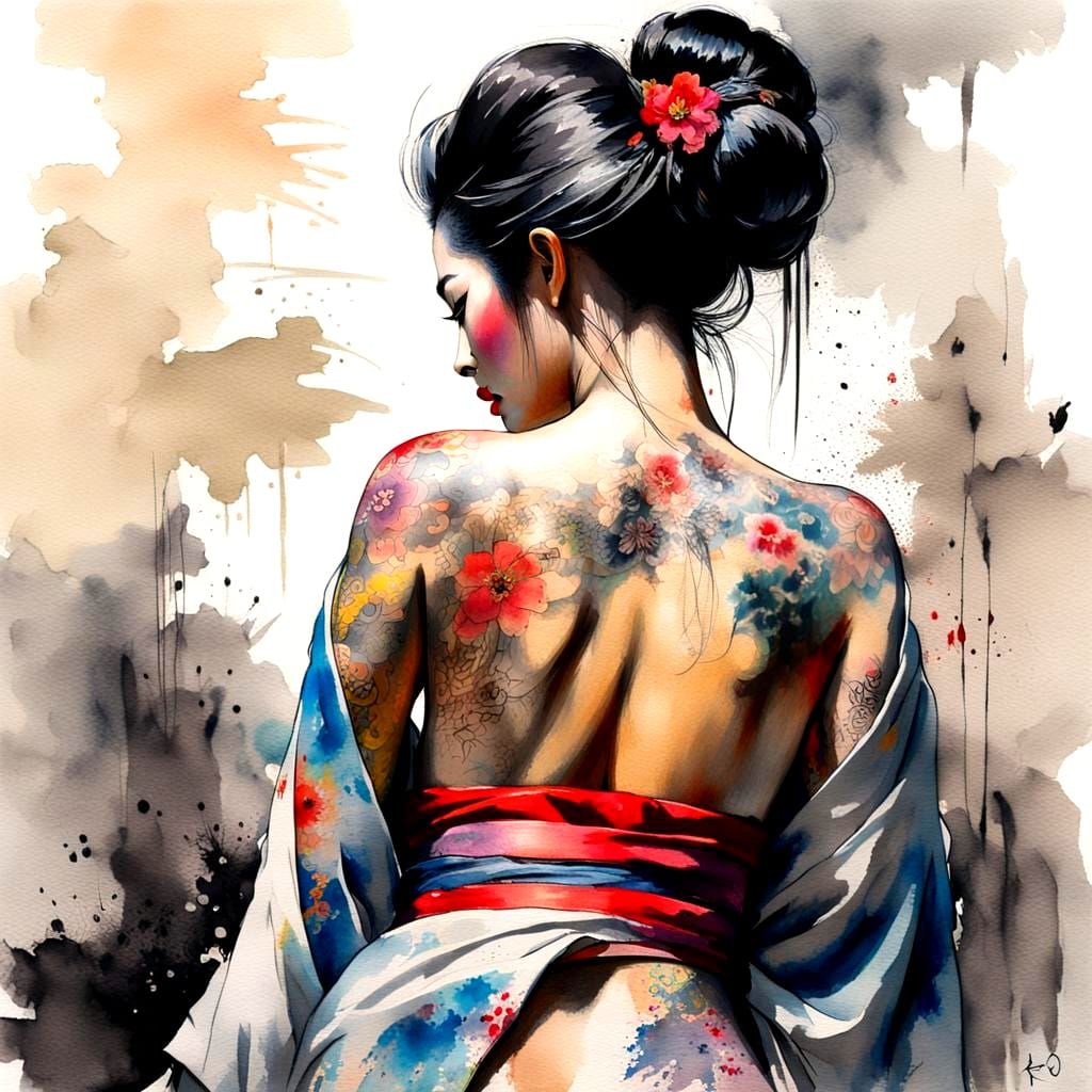 Tattooed Geisha Back in Watercolor Ink Style