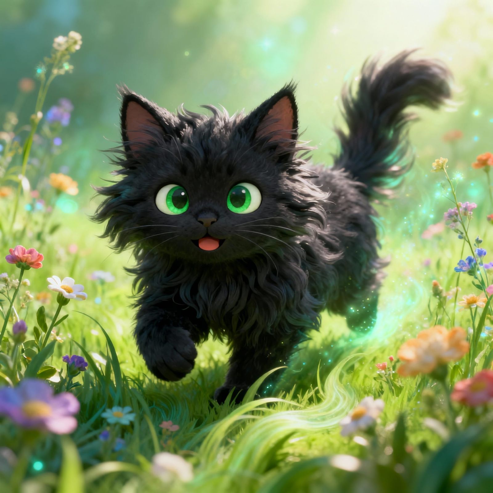 Adorable Black Kitten in Wildflower Meadow CGI Cartoon