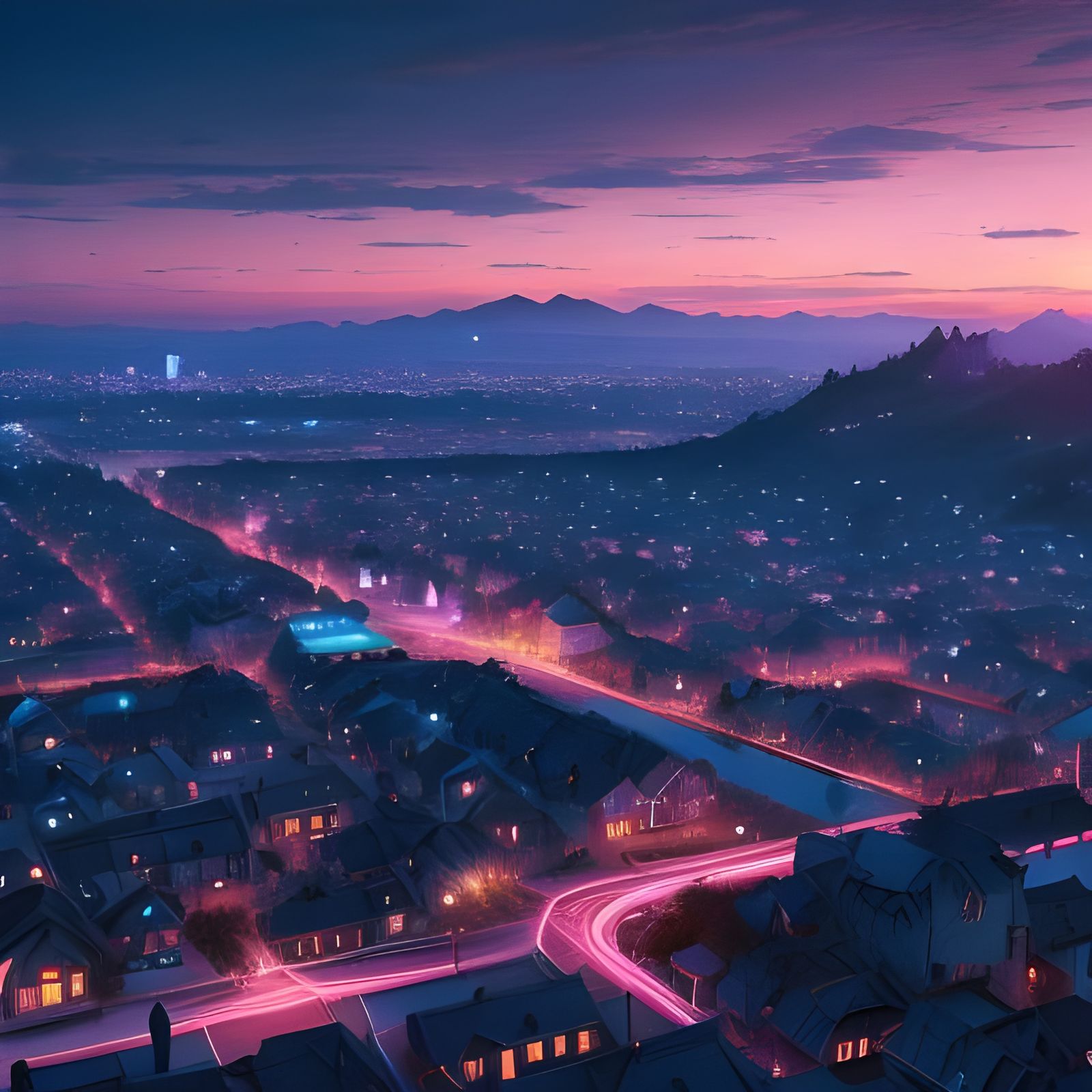 Blue Town at Pink Sunset: Digital Matte Painting