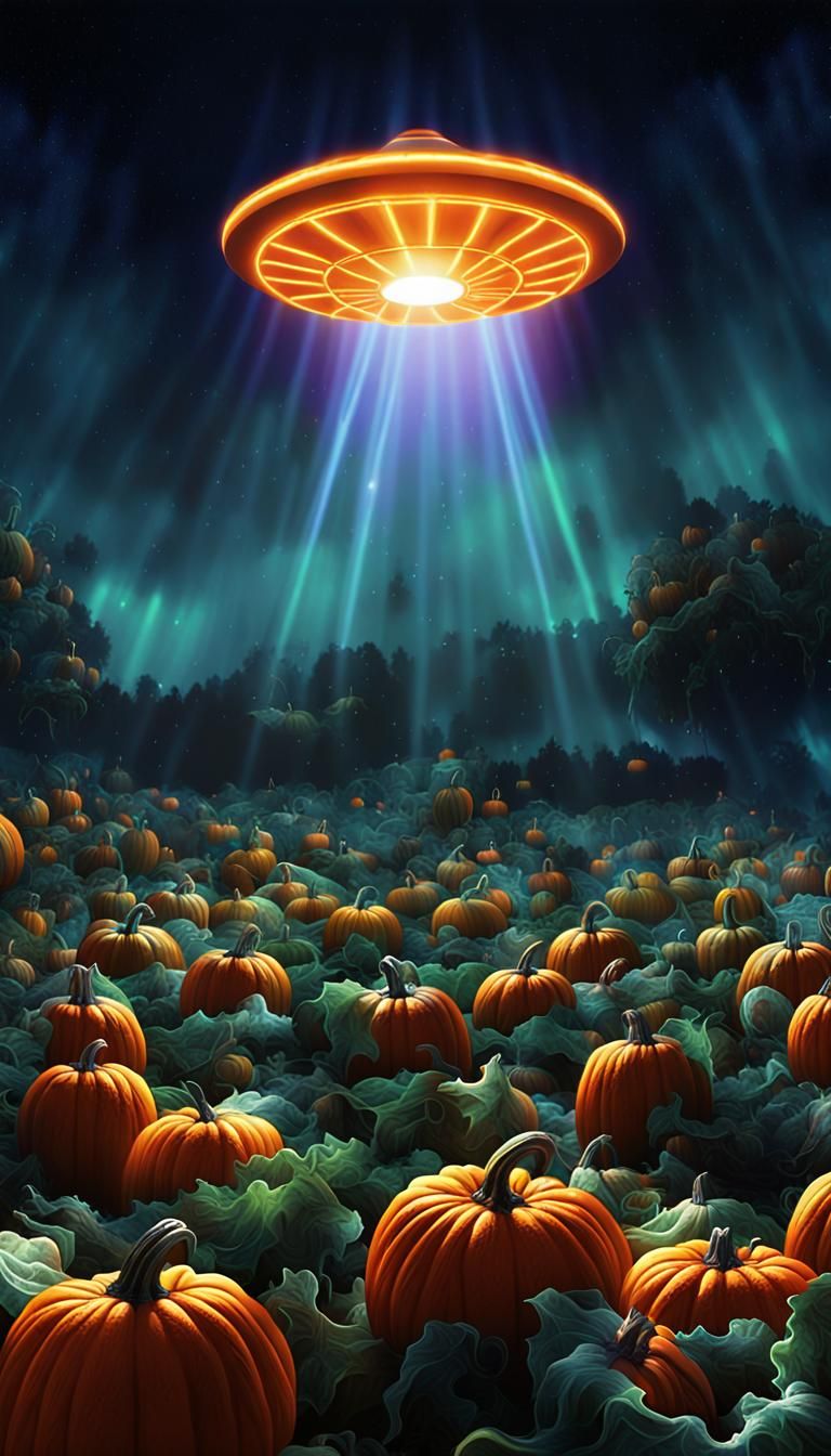 UFO Lights Up Pumpkin Patch in Sci-Fi Illustration
