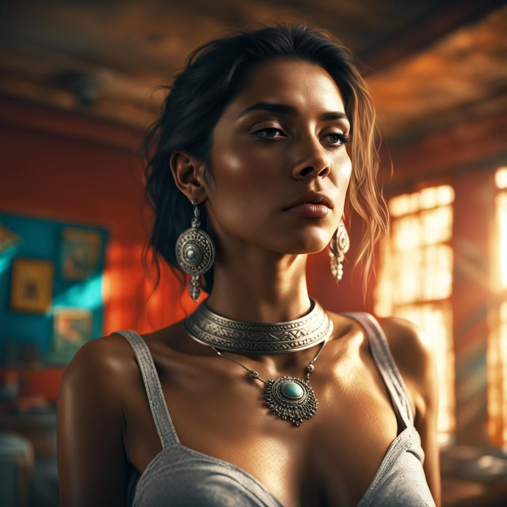 Latina woman with beautiful silver neck ring