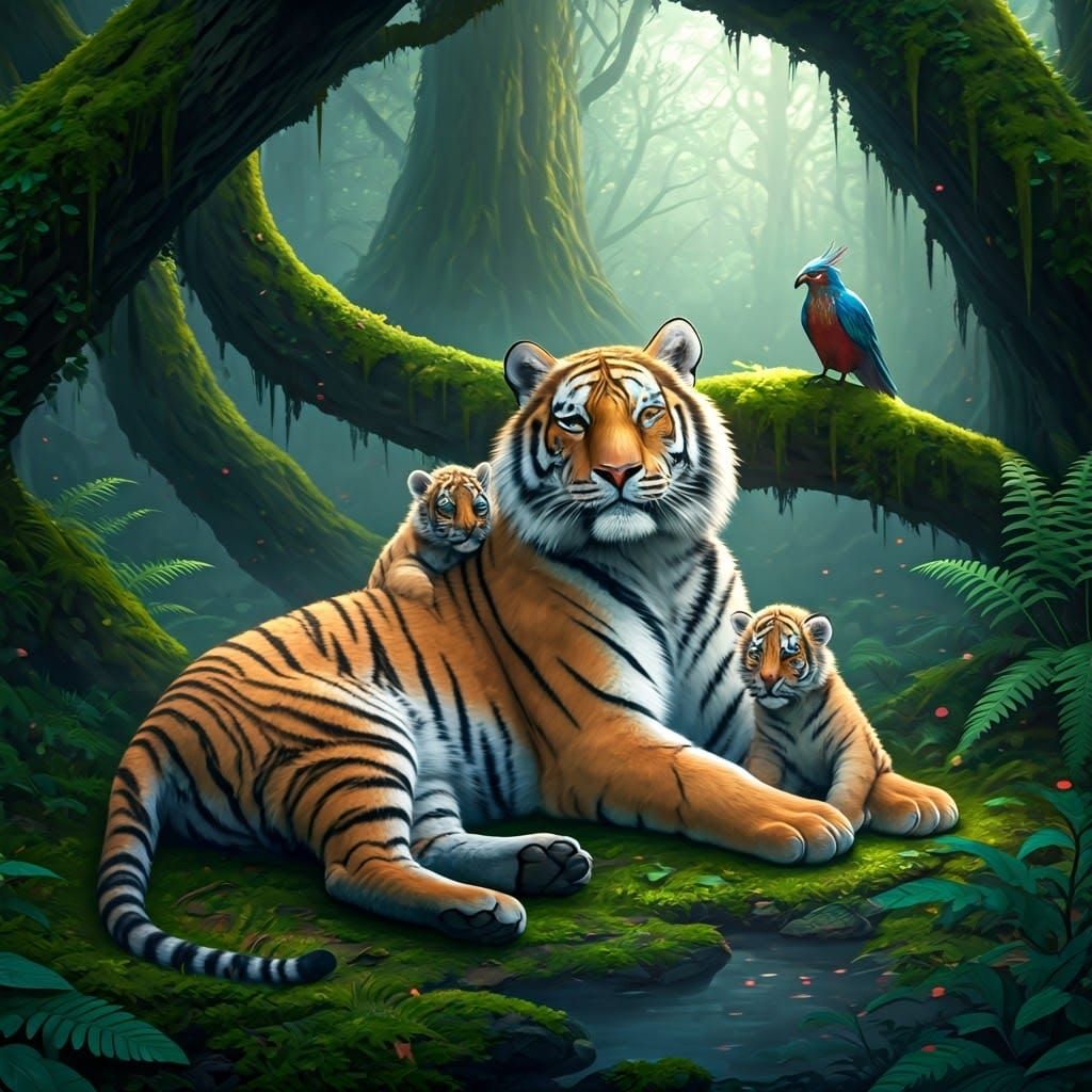 Siberian Tiger Family in Mystical Forest