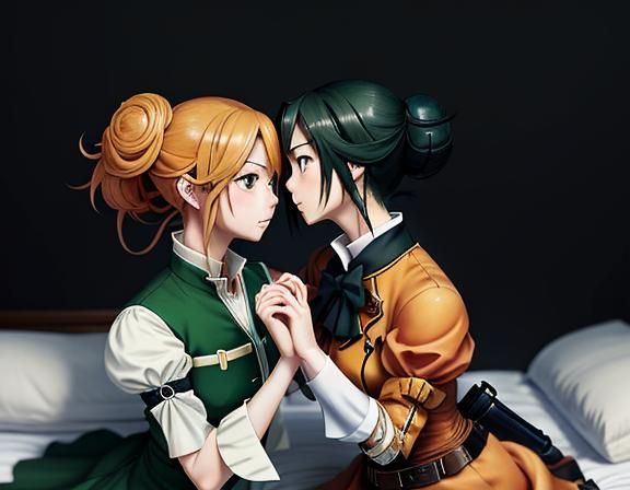 Kemono Twin Sisters Kissing in Steampunk Anime Style