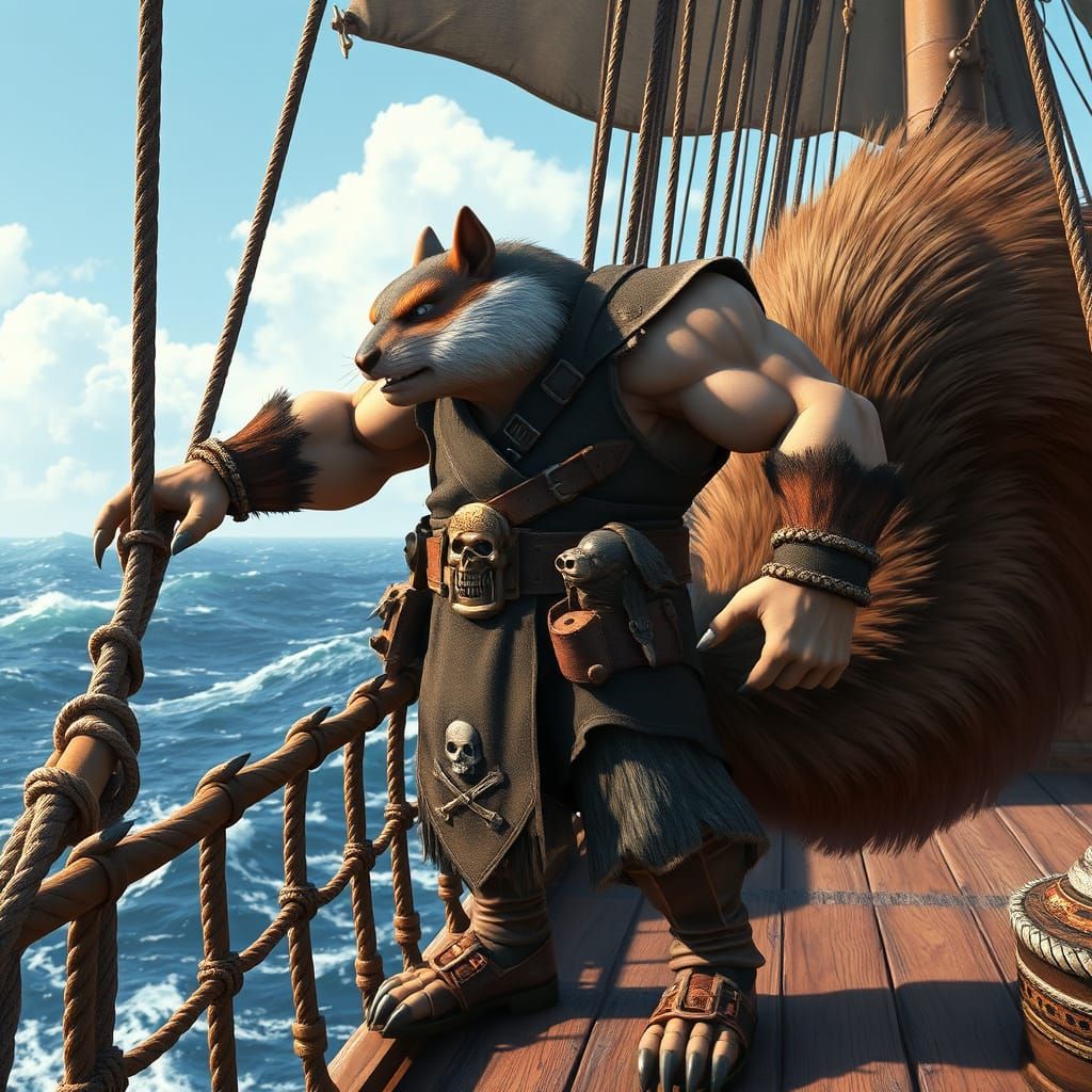 Cyberpunk-Style Pirate Squirrel Hybrid Towers Over the Ocean